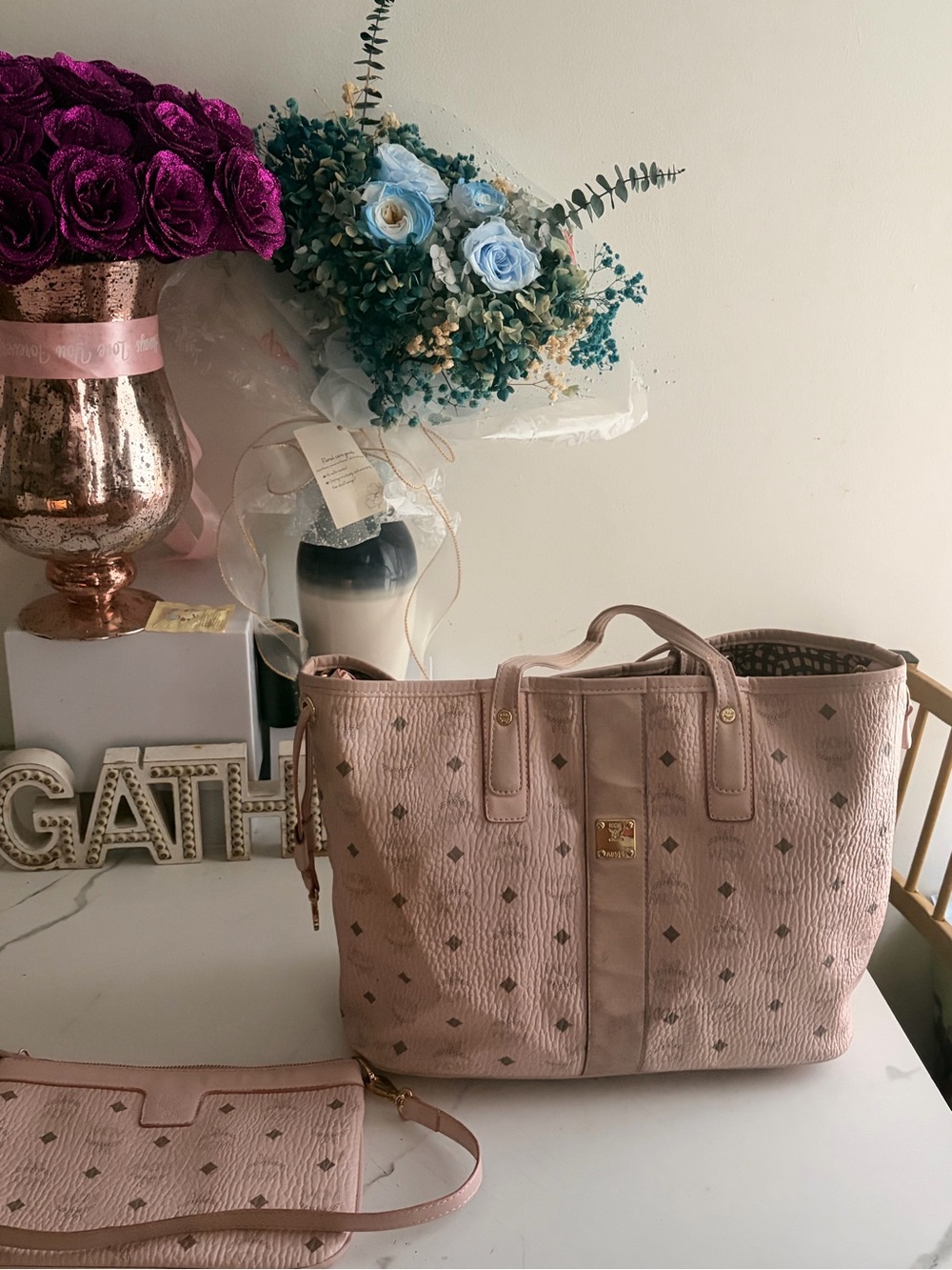 MCM Pink Monogram Tote with Matching Wristlet